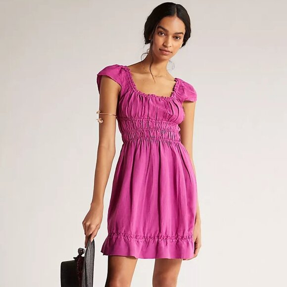Anthropologie Sz S NWT Linen Blend Magenta Smocked Waist‎ Mini Dress Milkmaid - Picture 1 of 13